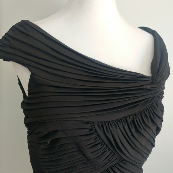 Classy Fitted Formal Black Top All Over Pleated Design Asymmetrical Neckline 8 - Picture 3 of 10